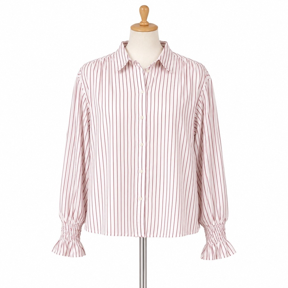 Gap Women M White Burgundy Striped Button Down Shirt Smocked Ruffle Cuff Cotton